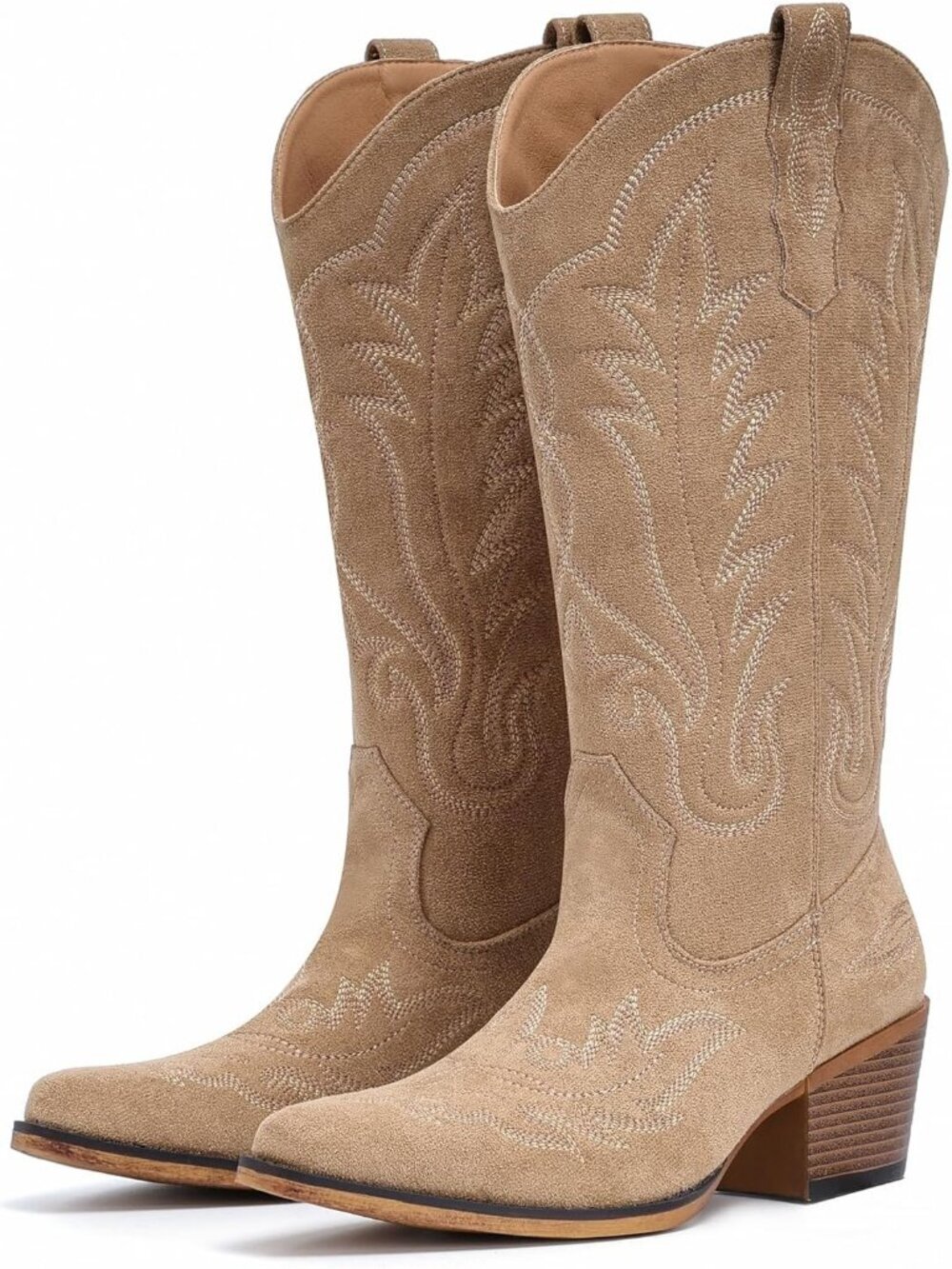 Women's Apricot Western Mid Calf Cowgirl Boots with Embroidered, Retro Snip Toe